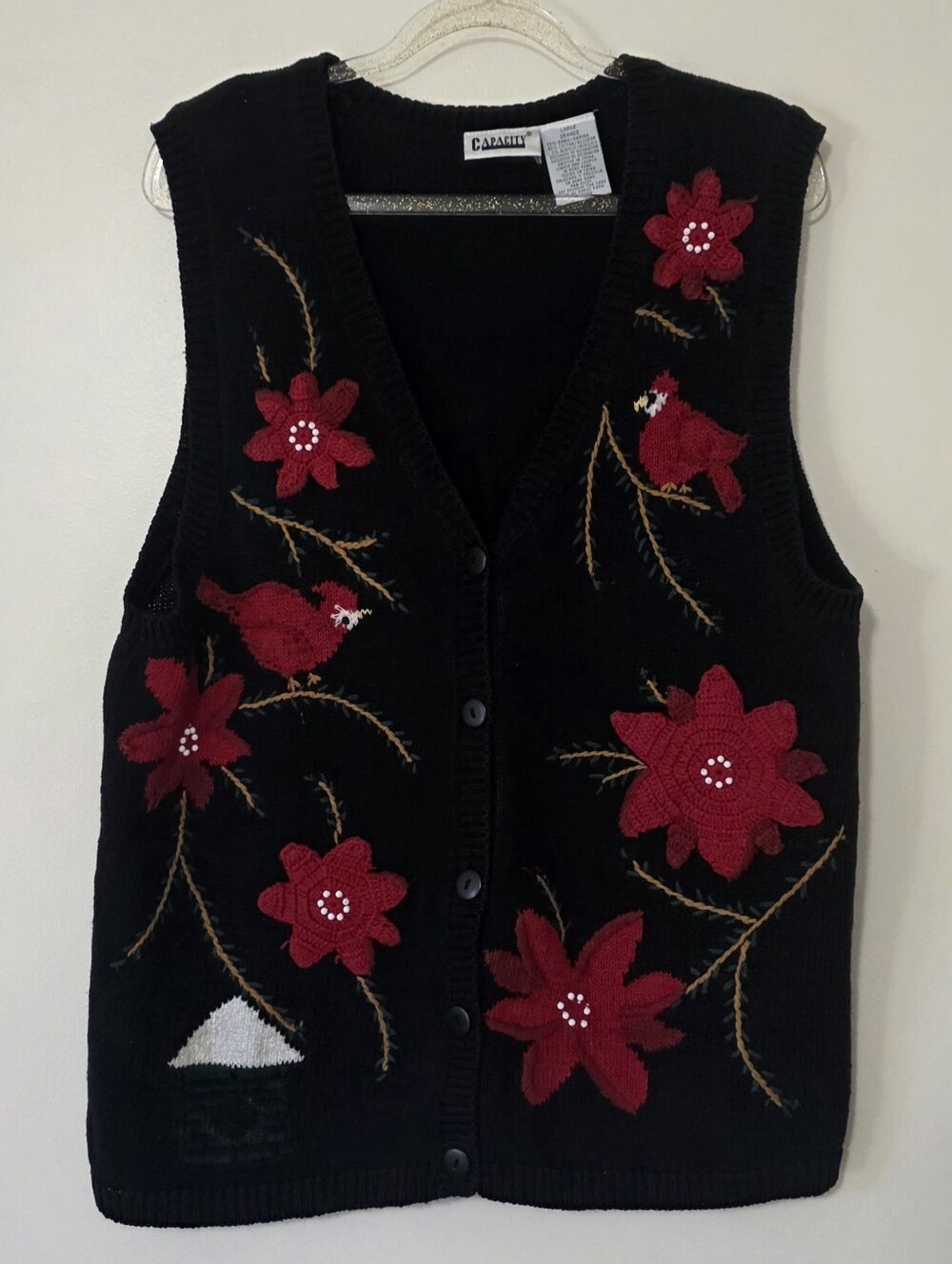 Vintage Embroidered Cardinal Floral Christmas Winter Sweater Cottagecore Large